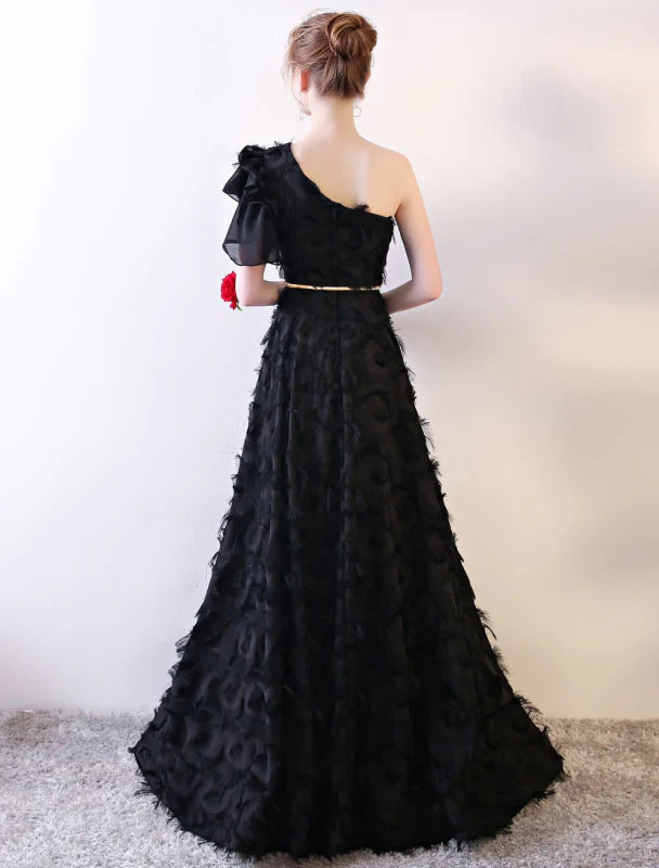 Glamorous A-Line One-Shoulder Feather Black Evening Dress