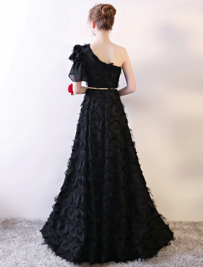 Glamorous A-Line One-Shoulder Feather Black Evening Dress