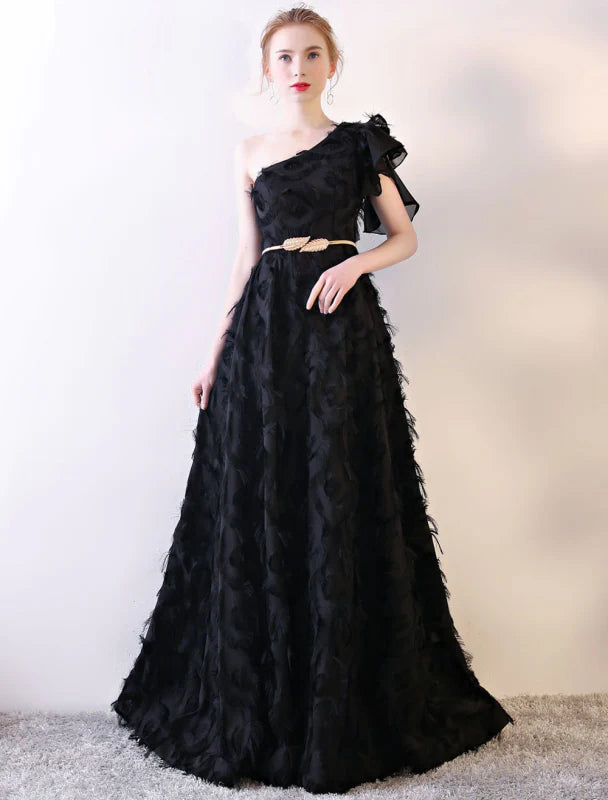 Glamorous A-Line One-Shoulder Feather Black Evening Dress