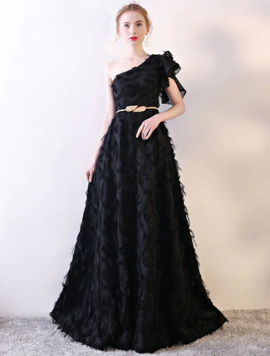 Glamorous A-Line One-Shoulder Feather Black Evening Dress