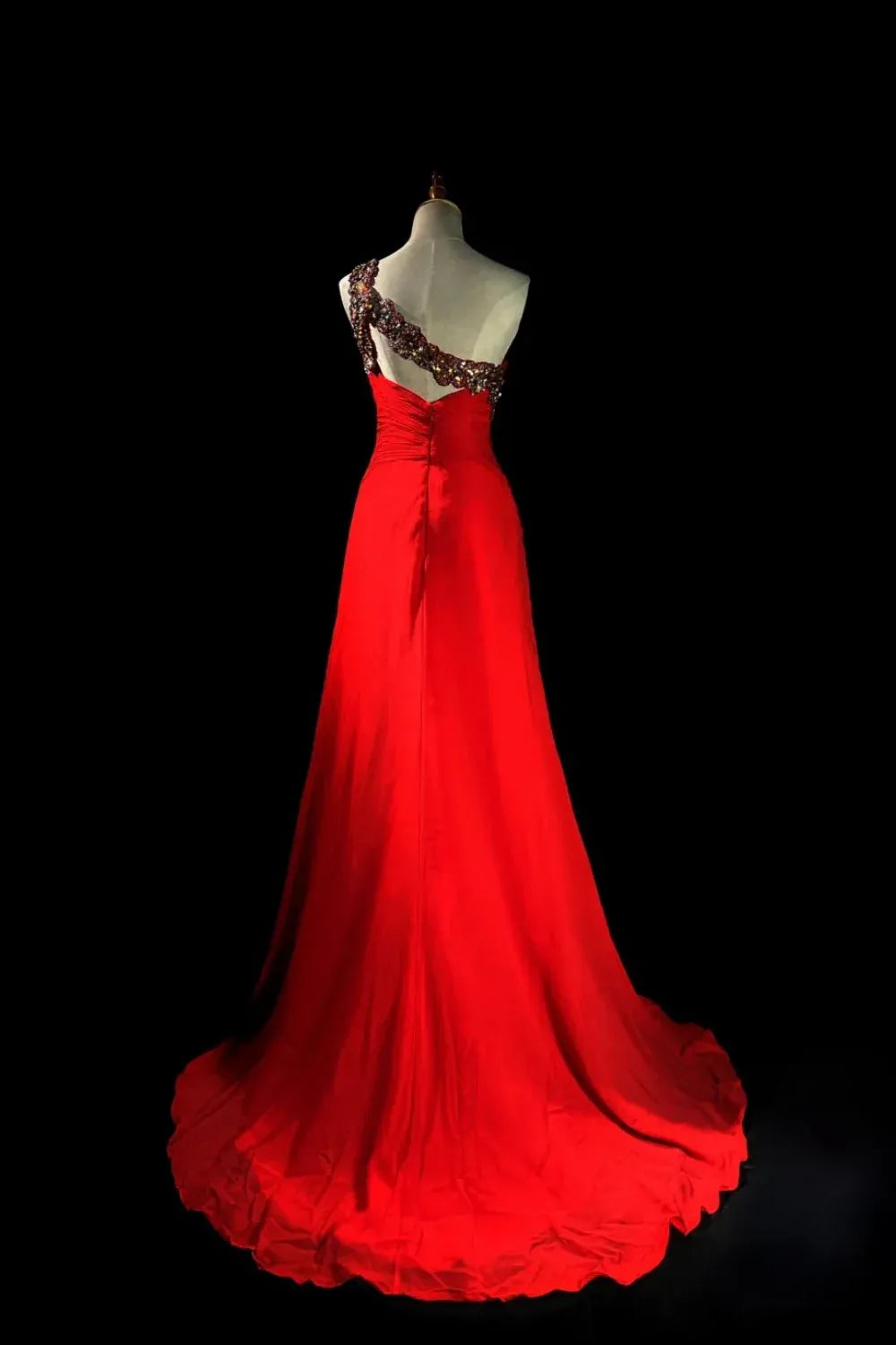 Glamorous A-Line One Shoulder Sleeveless Crystal Pleated Sweep/Brush Train Prom Dress