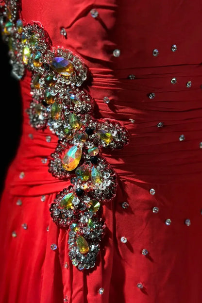 Glamorous A-Line One Shoulder Sleeveless Crystal Pleated Sweep/Brush Train Prom Dress