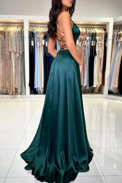 Glamorous A-Line Plunging Sleeveless Lace-Up Satin Emerald Floor-Length Evening Dress for Women