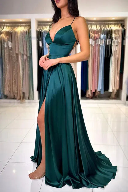 Glamorous A-Line Plunging Sleeveless Lace-Up Satin Emerald Floor-Length Evening Dress for Women