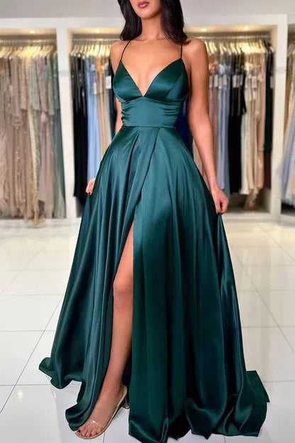Glamorous A-Line Plunging Sleeveless Lace-Up Satin Emerald Floor-Length Evening Dress for Women