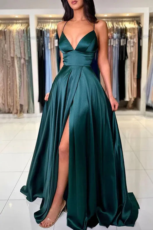 Glamorous A-Line Plunging Sleeveless Lace-Up Satin Emerald Floor-Length Evening Dress for Women
