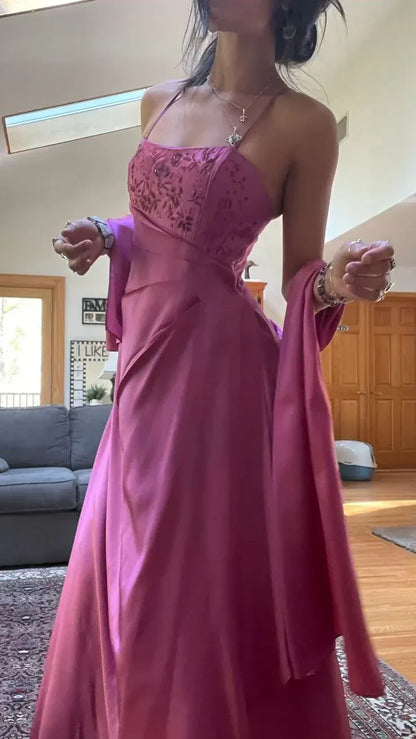 Glamorous A-Line Spaghetti Strap Beaded Fuchsia Floor-Length Prom Dresses