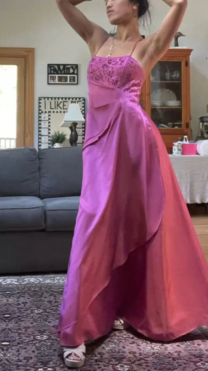 Glamorous A-Line Spaghetti Strap Beaded Fuchsia Floor-Length Prom Dresses