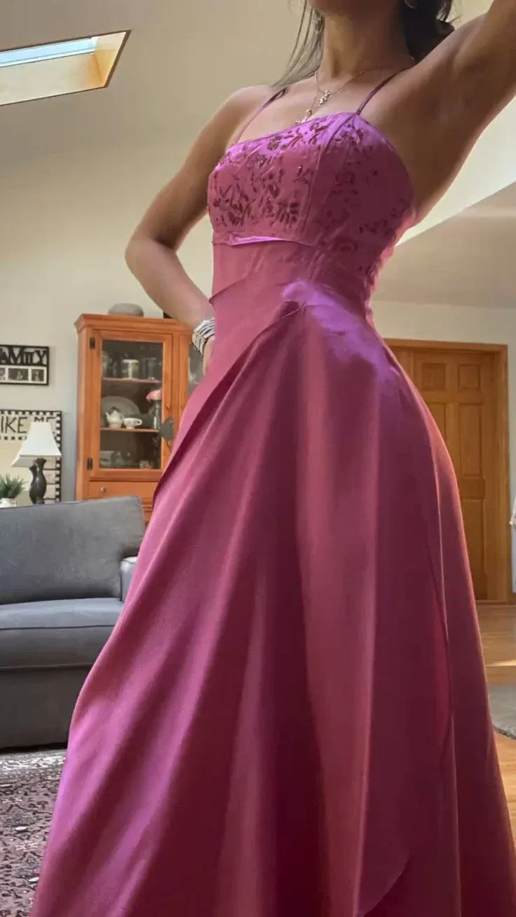 Glamorous A-Line Spaghetti Strap Beaded Fuchsia Floor-Length Prom Dresses