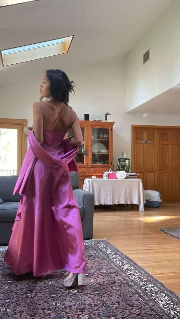 Glamorous A-Line Spaghetti Strap Beaded Fuchsia Floor-Length Prom Dresses