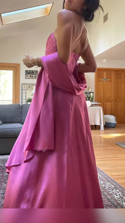 Glamorous A-Line Spaghetti Strap Beaded Fuchsia Floor-Length Prom Dresses