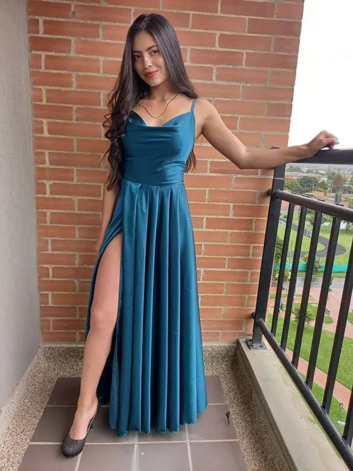 Glamorous A-Line Spaghetti Strap Cowl Neck Teal Floor-Length Prom Dresses