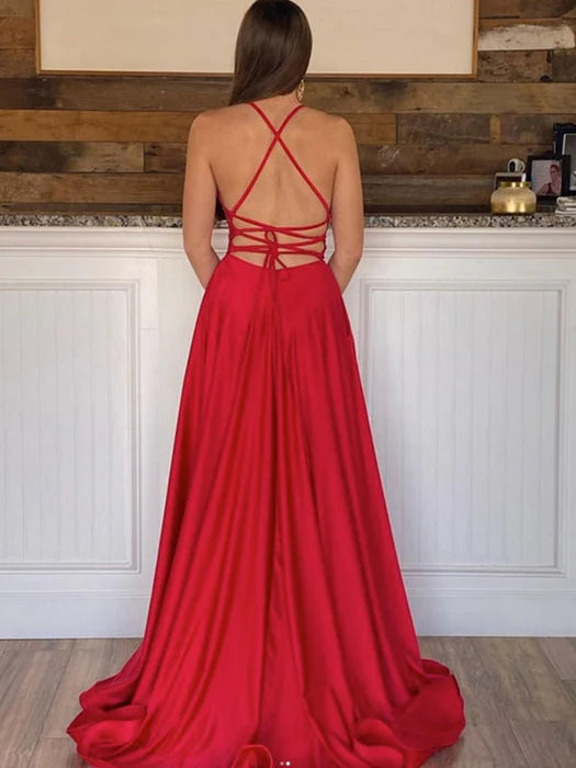 Glamorous A-Line Spaghetti Strap Satin Red Floor-Length Prom Dress