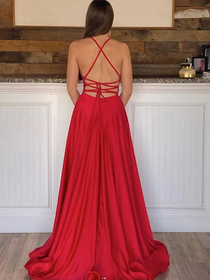 Glamorous A-Line Spaghetti Strap Satin Red Floor-Length Prom Dress