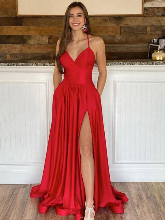 Glamorous A-Line Spaghetti Strap Satin Red Floor-Length Prom Dress