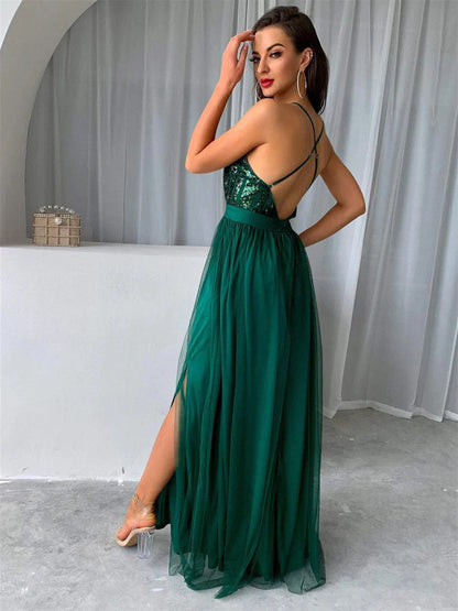 Glamorous A-Line Spaghetti Strap Sequin Green Floor-Length Evening Dress