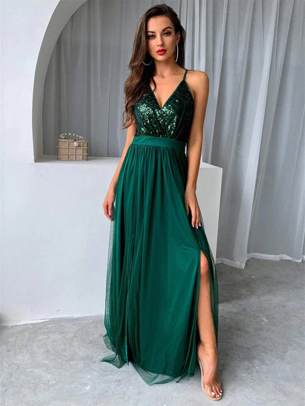 Glamorous A-Line Spaghetti Strap Sequin Green Floor-Length Evening Dress