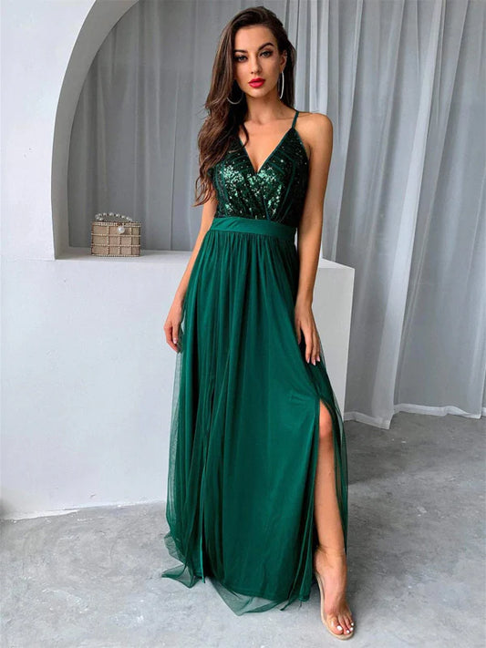 Glamorous A-Line Spaghetti Strap Sequin Green Floor-Length Evening Dress