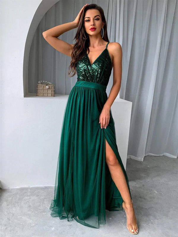 Glamorous A-Line Spaghetti Strap Sequin Green Floor-Length Evening Dress