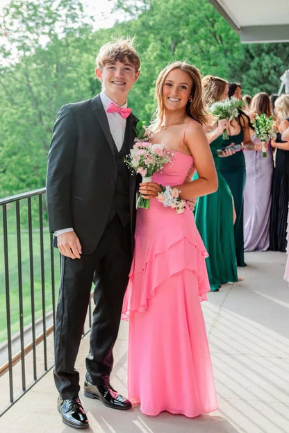 Glamorous A-Line Spaghetti Strap Sleeveless Ruffled Chiffon Floor-Length Prom Dress