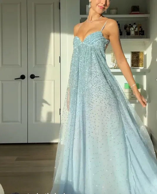 Glamorous A-Line Spaghetti Straps Sleeveless Sequins Tulle Floor-Length Party Dress