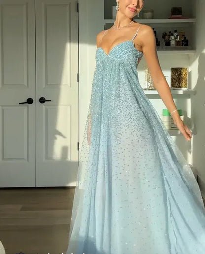 Glamorous A-Line Spaghetti Straps Sleeveless Sequins Tulle Floor-Length Party Dress