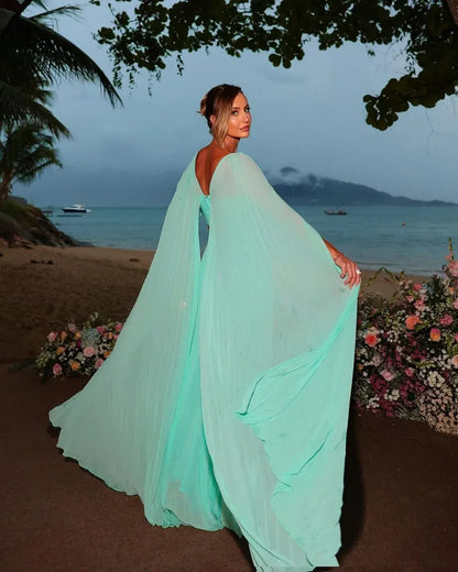Glamorous A-Line Square-Neck Cape-Sleeve Cutout Chiffon Mint Floor-Length Evening Dress for Women
