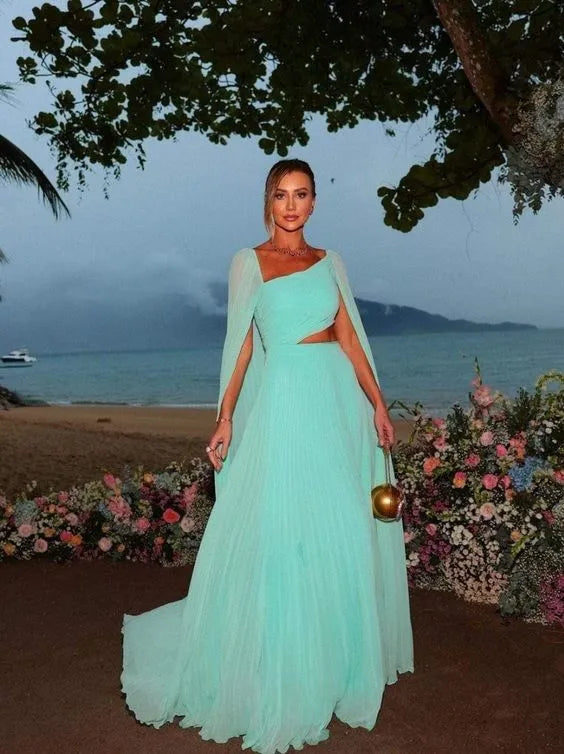 Glamorous A-Line Square-Neck Cape-Sleeve Cutout Chiffon Mint Floor-Length Evening Dress for Women