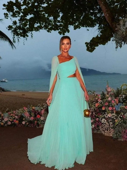 Glamorous A-Line Square-Neck Cape-Sleeve Cutout Chiffon Mint Floor-Length Evening Dress for Women