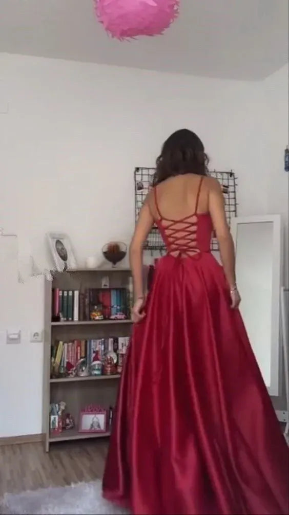 Glamorous A-Line Square-Neck Sleeveless Lace-Up Satin Red Floor-Length Evening Dress for Women