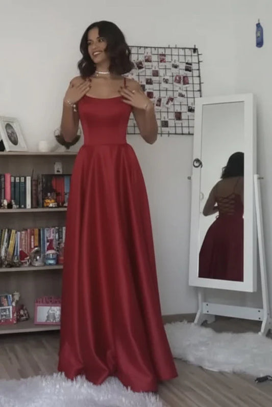 Glamorous A-Line Square-Neck Sleeveless Lace-Up Satin Red Floor-Length Evening Dress for Women