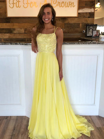 Glamorous A-Line Square Neck Sleeveless Beaded Yellow Prom Dress