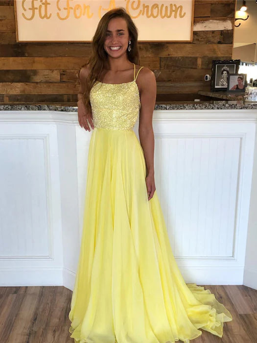 Glamorous A-Line Square Neck Sleeveless Beaded Yellow Prom Dress
