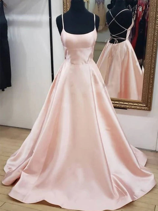 Glamorous A-Line Square Neck Sleeveless Satin Blush Pink Prom Dress