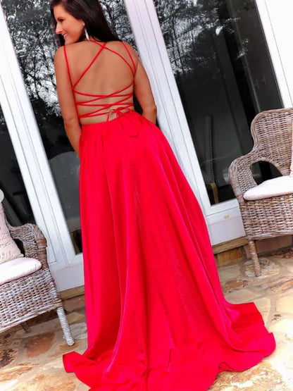 Glamorous A-Line Square Neck Spaghetti Strap Satin Red Prom Dress