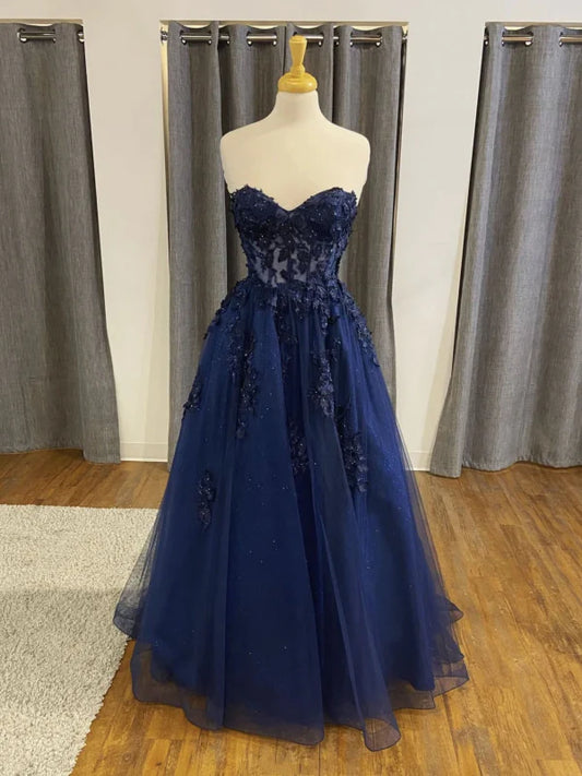 Glamorous A-Line Strapless Lace Navy Floor-Length Evening Dress