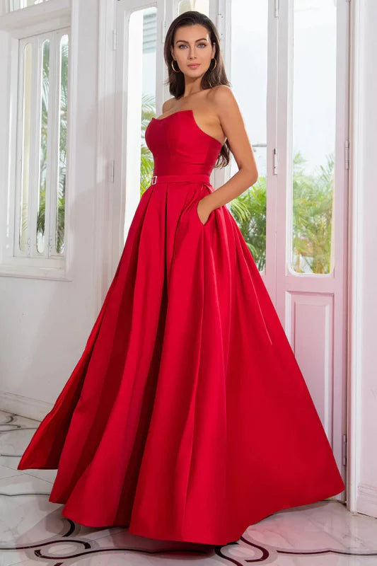 Glamorous A-Line Strapless Satin Red Floor-Length Prom Dress