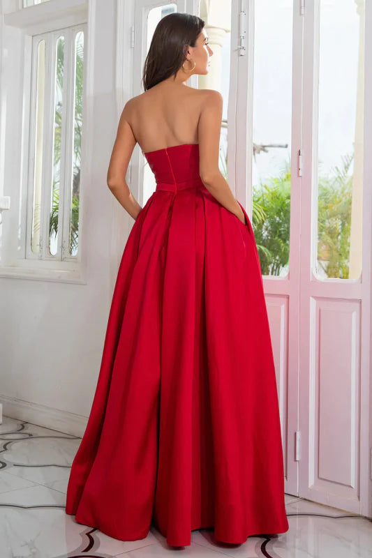 Glamorous A-Line Strapless Satin Red Floor-Length Prom Dress