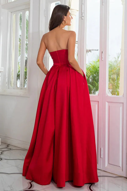 Glamorous A-Line Strapless Satin Red Floor-Length Prom Dress