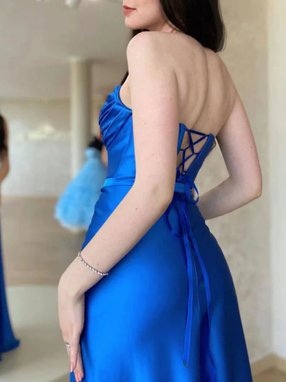 Glamorous A-Line Strapless Satin Royal Blue Floor-Length Prom Dress