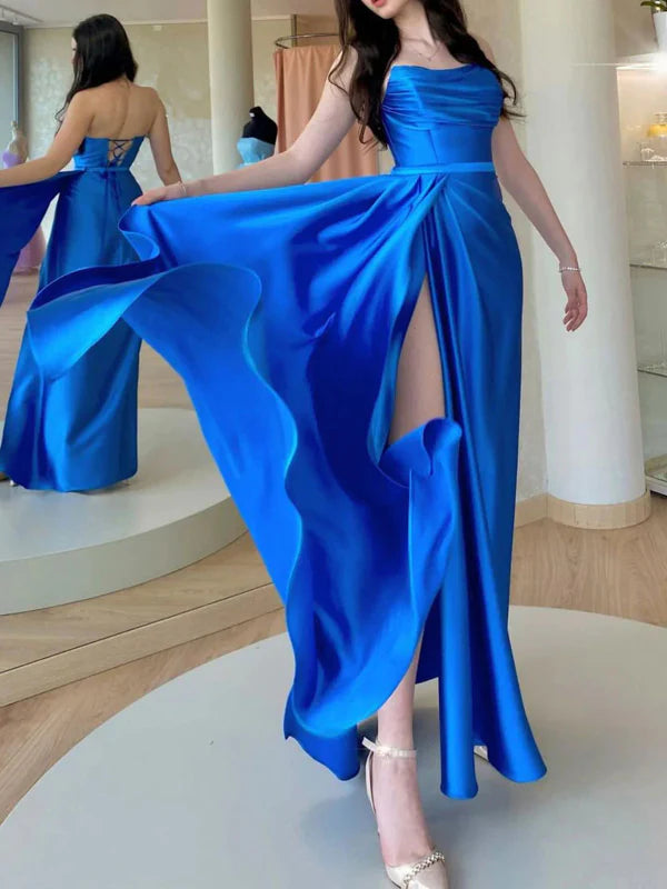 Glamorous A-Line Strapless Satin Royal Blue Floor-Length Prom Dress