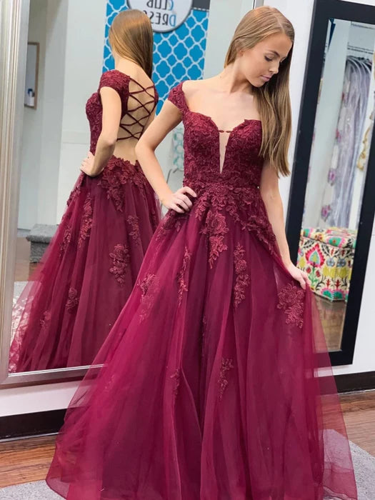 Glamorous A-Line Sweetheart Cap Sleeve Lace Burgundy Floor-Length Prom Dress
