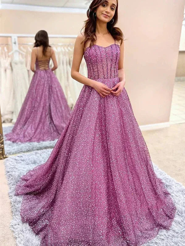 Sparkly A-Line Sweetheart Corset Tulle Purple Floor-Length Prom Dress for Women
