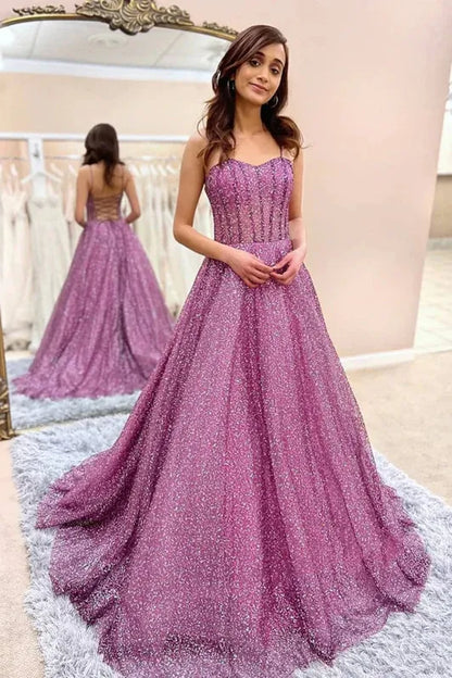 Sparkly A-Line Sweetheart Corset Tulle Purple Floor-Length Prom Dress for Women