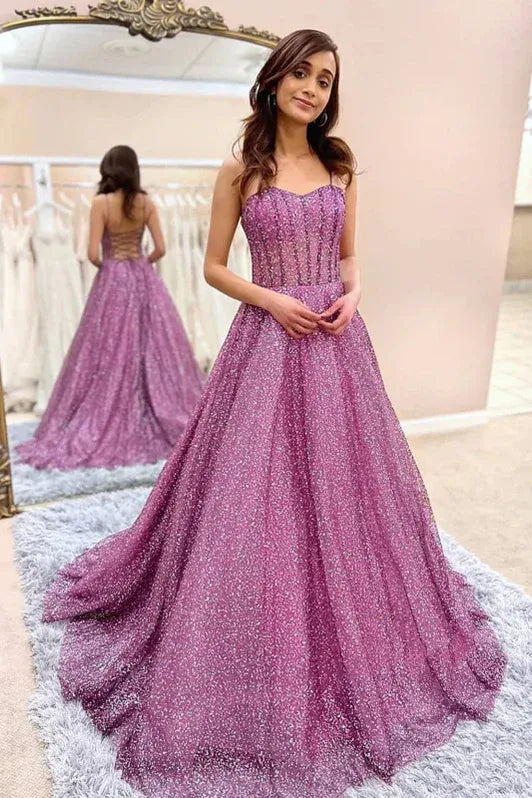 Glamorous A-Line Sweetheart Corset Sparkly Tulle Purple Floor-Length Prom Dress