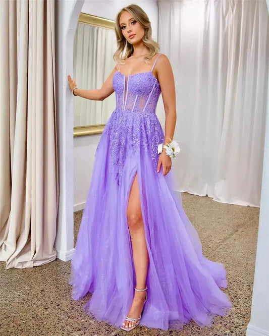 Glamorous A-Line Sweetheart Spaghetti-Strap Lace Purple Maxi Prom Dress for Women Custom