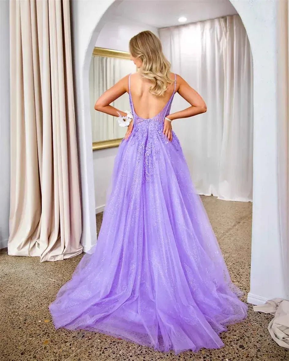 Glamorous A-Line Sweetheart Spaghetti-Strap Lace Purple Maxi Prom Dress for Women Custom
