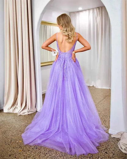 Glamorous A-Line Sweetheart Spaghetti-Strap Lace Purple Maxi Prom Dress for Women Custom