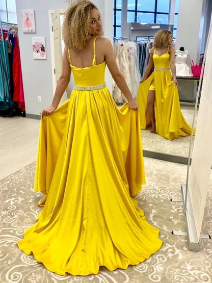 Glamorous A-Line Sweetheart Spaghetti Strap Beaded Yellow Prom Dress