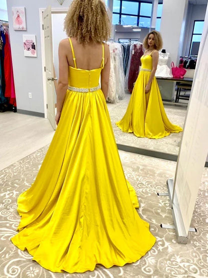Glamorous A-Line Sweetheart Spaghetti Strap Beaded Yellow Prom Dress
